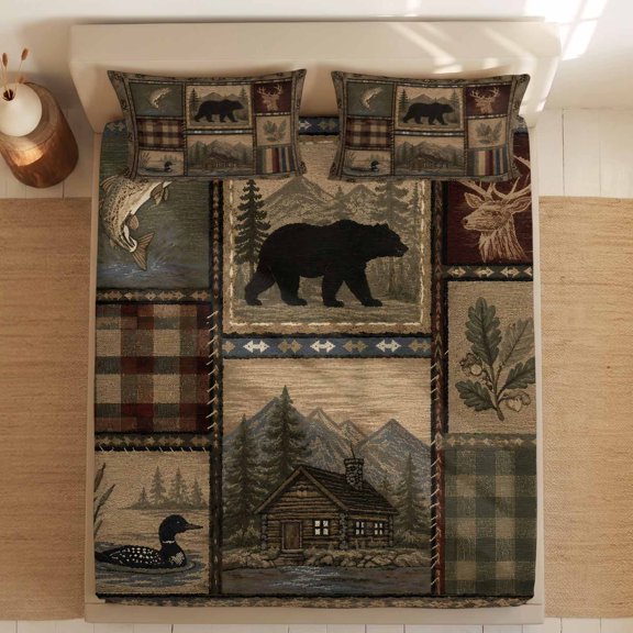 Queen Bed Fitted Sheets Farmhouse Bear Deer Fish Duck Bed Set with 16" Deep Pocket,Soft Microfiber Bedding Bottom Sheet with 2 Decorative Pillowcases Rustic Wilderness Buffalo Plaid