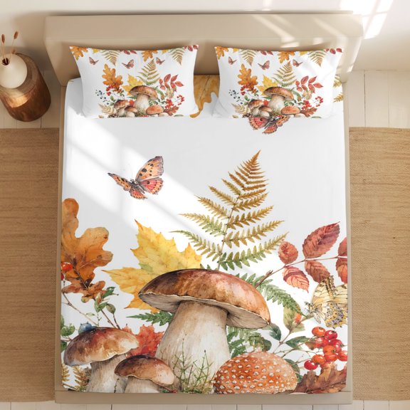 Queen Bed Fitted Sheets Forest Mushrooms Butterfly Bed Set with 16" Deep Pocket,Soft Microfiber Bedding Bottom Sheet with 2 Decorative Pillowcases Fall Maple Leaves