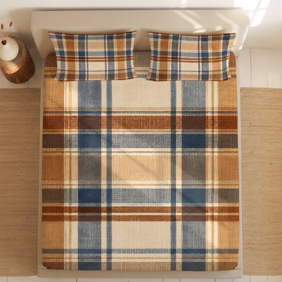 Queen Bed Fitted Sheets Vintage Brown Blue Plaid Bed Set with 16" Deep Pocket,Soft Microfiber Bedding Bottom Sheet with 2 Decorative Pillowcases Modern Minimalist Stripes