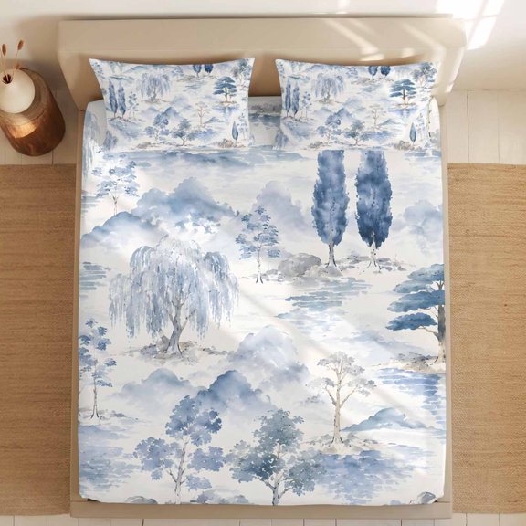 Queen Bed Fitted Sheets Watercolor Chinoiserie Landscape Bed Set with 16" Deep Pocket,Soft Microfiber Bedding Bottom Sheet with 2 Decorative Pillowcases Blue Willow Mountain Forest