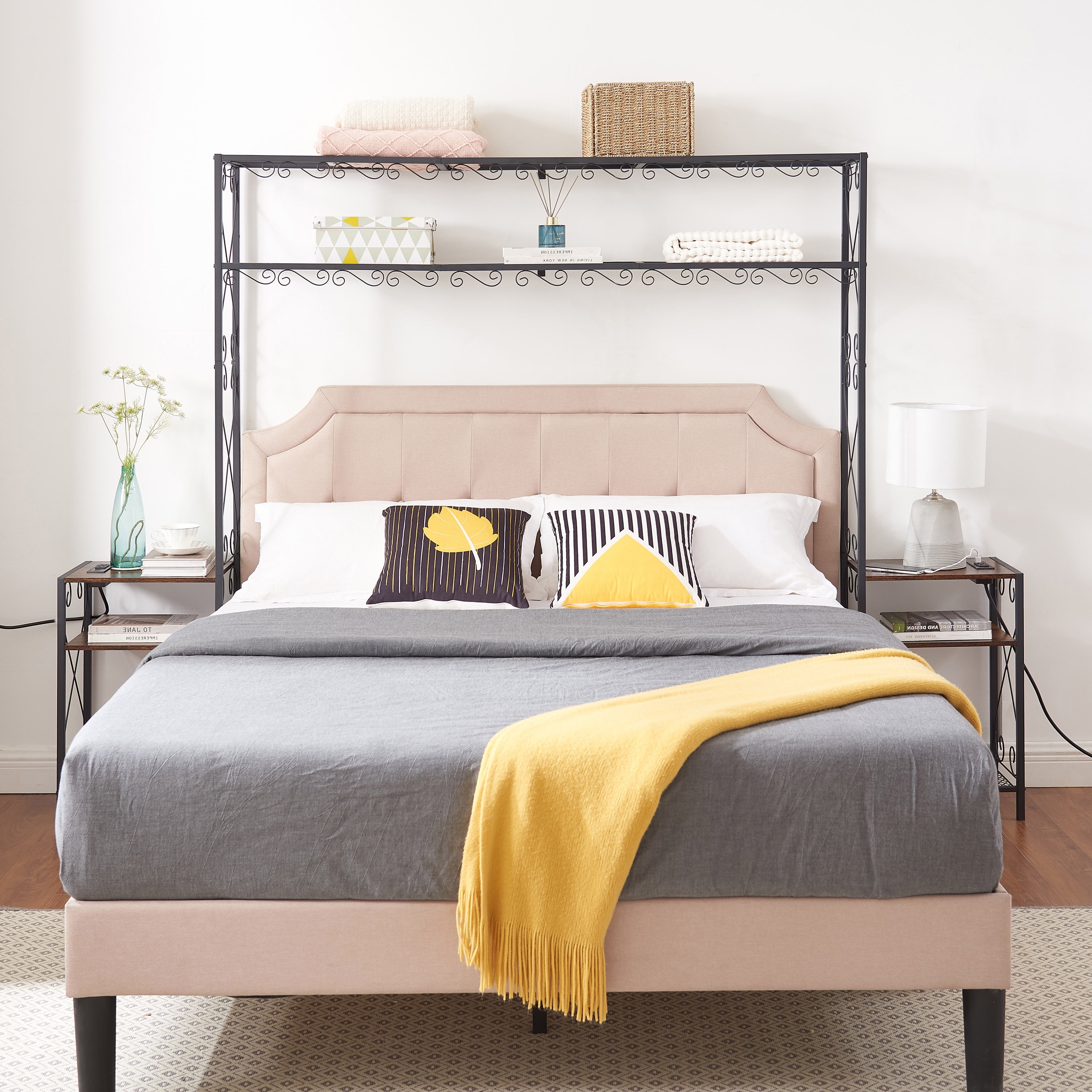 Queen Bed Frame with 2 Nightstands Headboards with Storage