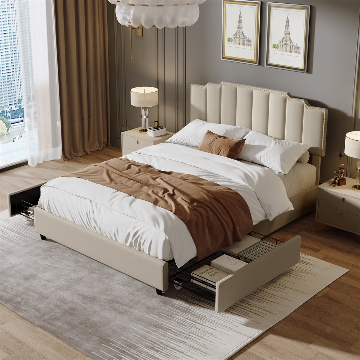 Queen Bed Frame with 2 Storage Drawers and Adjustable Headboard ...