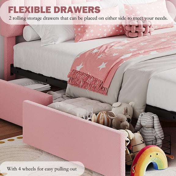 Queen Bed Frame, with 2 Storage Drawers, & Bookcase Headboard, Boucle Upholstered Bedframe, Heavy Duty Metal & Wood Slat Support, No Box Spring Needed, Easy Assembly