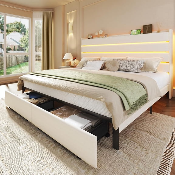 Queen Bed Frame with 2 Storage Drawers, Velvet Upholstered Bed Frame Queen Size Upholstered Headboard with LED Light & Charging Station, Platform Bedframe with Metal Slats