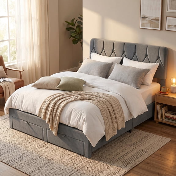 Queen Bed Frame with 2 Storage Drawers, Velvet Upholstered Platform Queen Size Bed Frame with Headboard, Wooden Slats Support, No Box Spring Needed, Easy Assembly, Grey