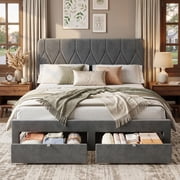 Queen Bed Frame with 2 Storage Drawers, Velvet Upholstered Platform Queen Size Bed Frame with Headboard, Wooden Slats Support, No Box Spring Needed, Easy Assembly, Grey