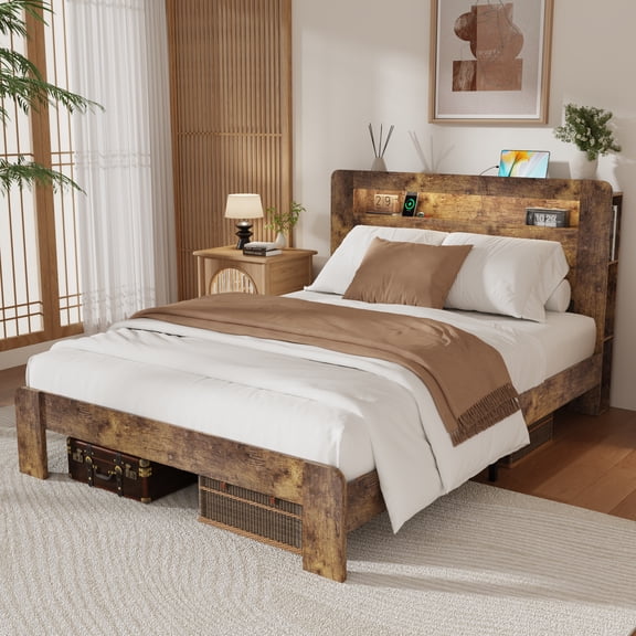 Wooden Queen Bed Frame with Storage Headboard, Modern Rustic Farmhouse Platform Bed with Charging Station, LED Light, No Box Spring Needed, Noise Free, Easy Assembly, Vintage Brown