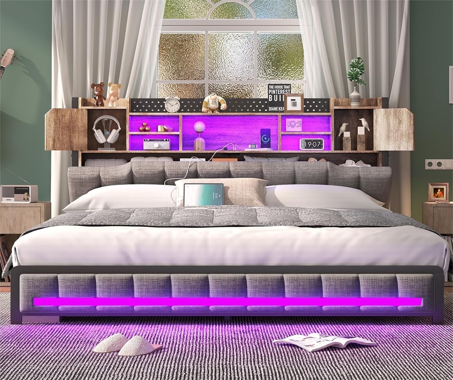 Queen Bed Frame with 3-Tier Headboard & 2 Hidden Storage, LED Lights Upholstered Bed Frame Queen Size with Charging Station, Platform Metal Bed Frame with Storage, No Box Spring Needed, Charcoal Gray
