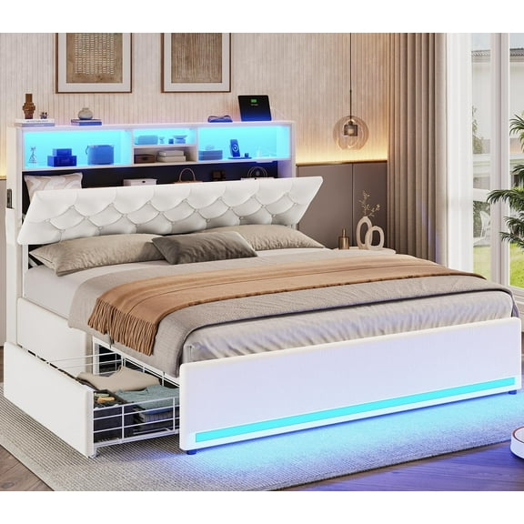 Queen Bed Frame with 4 Drawers & Storage Headboard, Velvet Upholstered Bed Bed Frame Queen with Charging Station and LED Light,Metal Slats, No Box Spring Needed,Creamy White