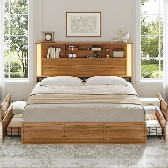 Queen Bed Frame with 4 Storage Drawers and 3 Tier Storage Headboard, Wooden Bed Frame Queen Size with Charging Station and 3 Color- Lightbox, No Box Spring Needed,Wood