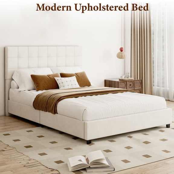 Queen Bed Frame with 4 Storage Drawers, Beige Queen Size Bed Frame with Headboard, Mattress Foundation Upholstered Bed Frame with Wood Slat Support, No Spring Box Needed