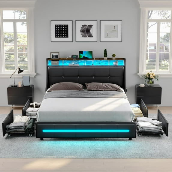 Queen Bed Frame with 4 Storage Drawers, Queen Size Platform Bed with Charging Station and Storage Shelves, Upholstered Headboard and Footboard with LED Lights, No Box Spring Needed, Black