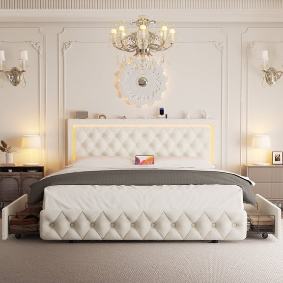 Queen Bed Frame with 4 Storage Drawers, Upholstered Platform Bed Frame with Type-C & USB Ports, Adjustable Button Tufted Headboard, Mattress Foundation with Slats Support, No Box Spring Needed, Beige