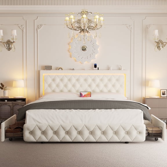 Queen Bed Frame with 4 Storage Drawers, Upholstered Platform Bed Frame with Type-C & USB Ports, Adjustable Button Tufted Headboard, Mattress Foundation with Slats Support, No Box Spring Needed, Beige