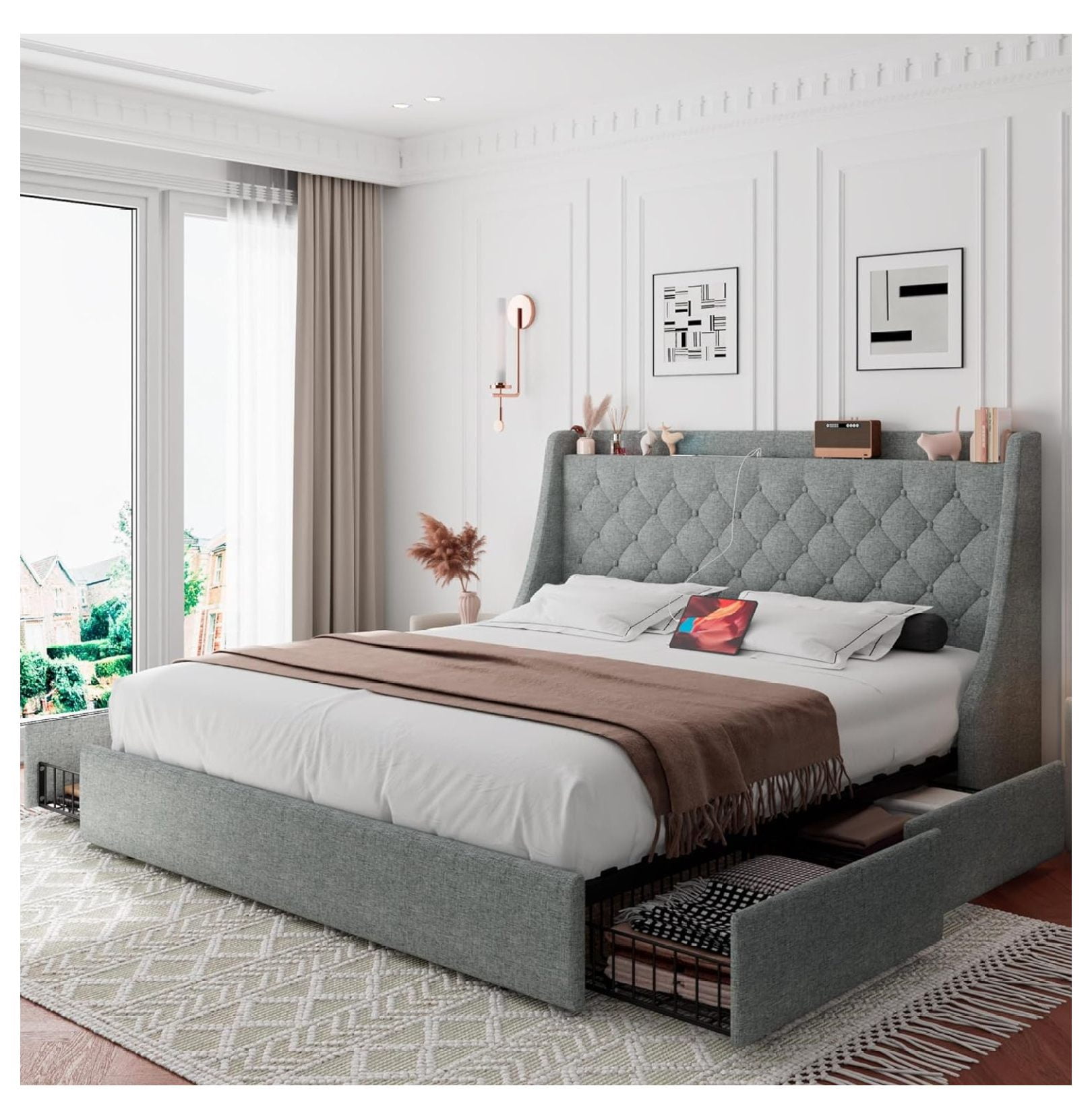 Queen Bed Frame with 4 Storage Drawers, Upholstered Platform Bed Frame