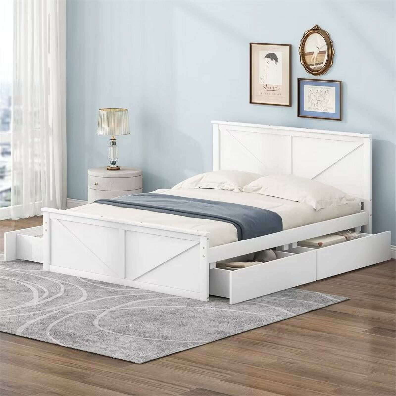 Queen Size White Pine Platform Bed with Storage Drawers