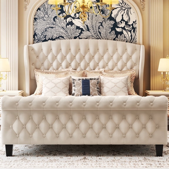Queen Bed Frame, 42" Tall Velvet Upholstered Sleigh Bed with Wingback Headboard & Scroll Footboard, No Box Spring Needed, Sturdy Support, Easy Assembly, Noise Free, Button Tufted, Beige