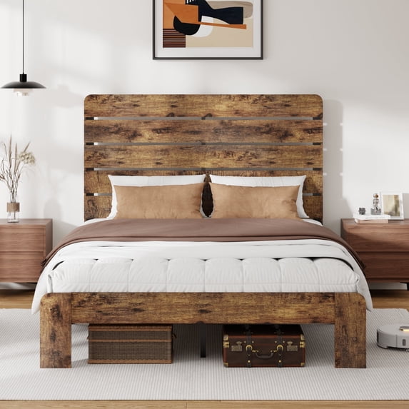 Wooden Queen Bed Frame with 49.9" Tall Headboard, Rustic Farmhouse Platform Bedframe with Wood Slat Support, No Box Spring Needed, Sturdy and Noise Free, Easy Assembly, Brown