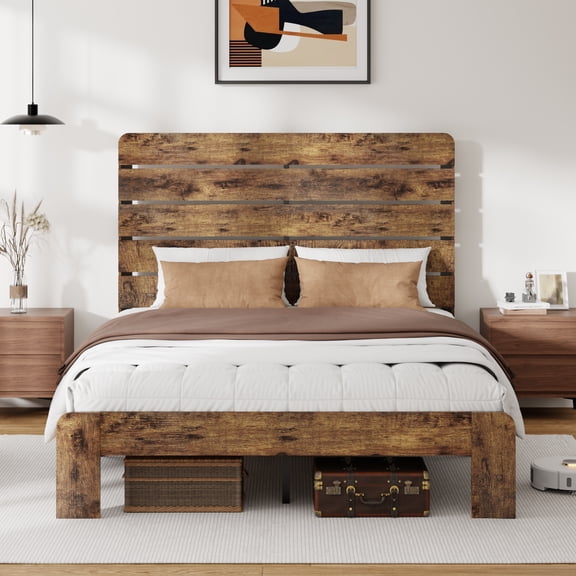 Queen Bed Frame with 49.9" Tall Wooden Headboard and Footboard, Modern Rustic Farmhouse, Stable Platform Bed, Under Bed Storage, No Box Spring Needed, Easy Assembly, Noise Free, Brown