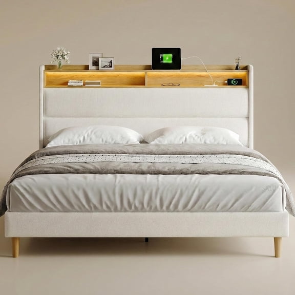 Queen Bed Frame with 51.8" Wingback Bookcase Storage Headboard, Cream Beige Upholstered Platform Bed with Charging Station (Type-C) & LED Lights, No Box Spring Needed, Cream Aesthetic