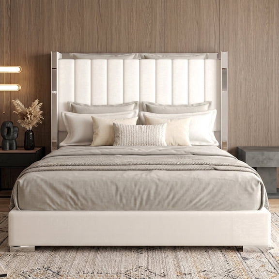 Queen Bed Frame with 58" Tall Headboard Velvet Upholstered Platform Bed,Channel Tufted Wingback and Plating Trim, Chrome-Plated Legs, Wood Slats, No Box Spring Needed, Noise Free, Cream