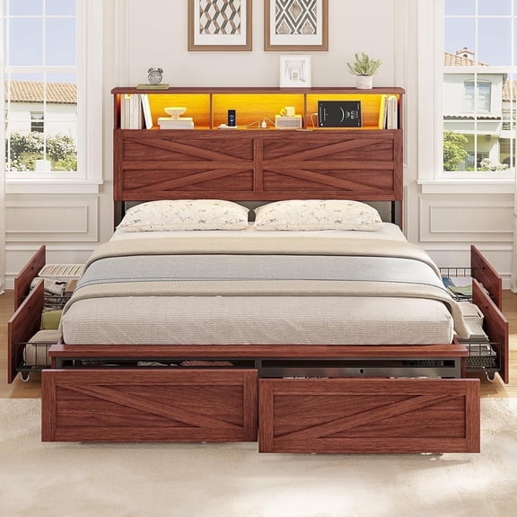 Farmhouse Bed Frame with 6 Storage Drawers, Queen Size Wood Platform Bed with Headboard Bookcase and Built-in Charging Station, LED Lights, Reddish Brown,Modern Bedroom Furniture