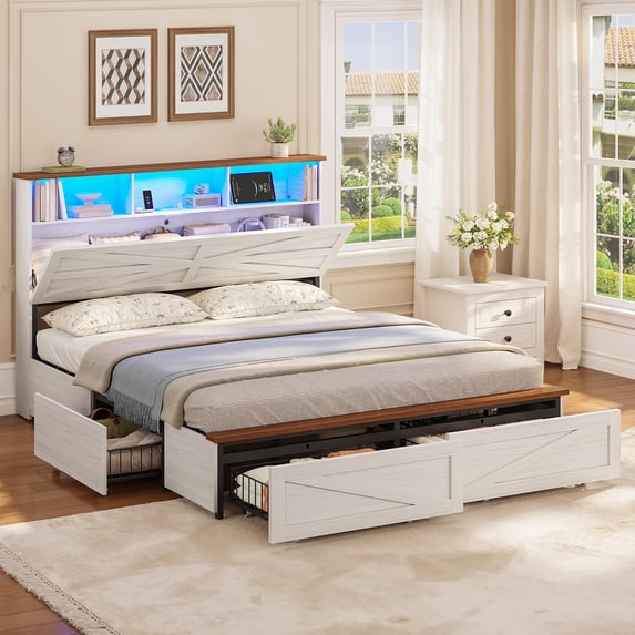 Queen Bed Frame with 6 Drawers, Farmhouse Bed Frame with Barn Door Headboard and Storage, Wood Platform Bed Frame Queen Size with Charging Station and LED Lights, No Box Spring Needed, White