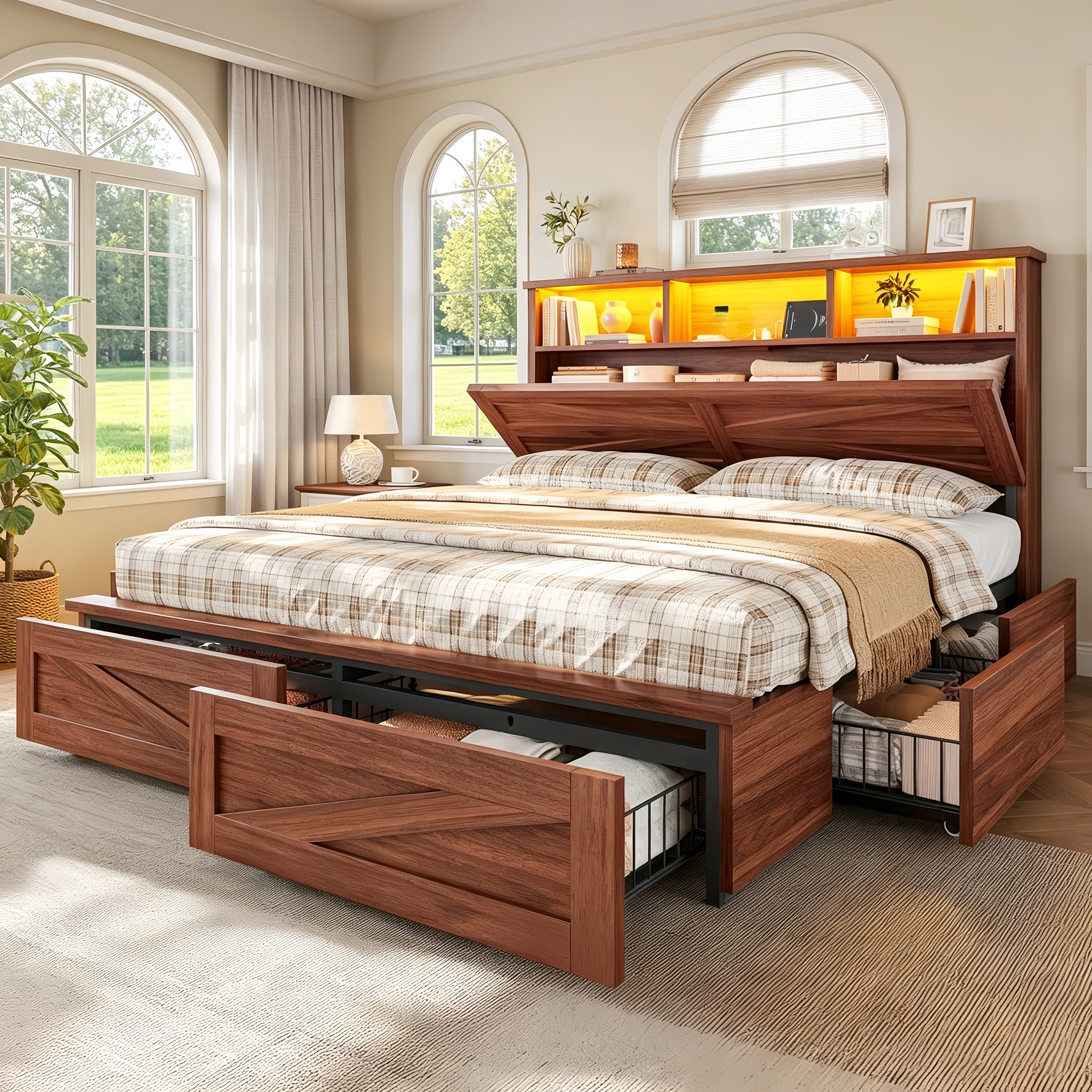 Torveric, Farmhouse Bed Frame, Queen Size with Storage Drawers ...