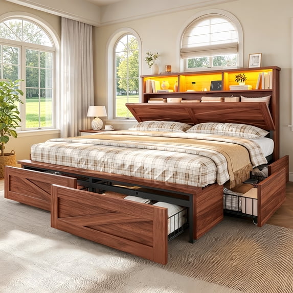 Farmhouse Bed Frame with 6 Storage Drawers, Queen Size Wood Platform Bed with Headboard Bookcase and Built-in Charging Station, LED Lights, Reddish Brown,Modern Bedroom Furniture