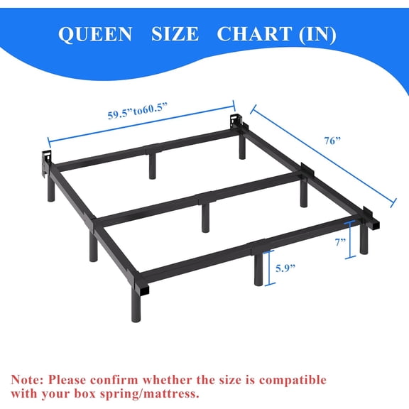 Queen Bed Frame 7 Inch Heavy Duty Steel Platform with 9 Legs for Mattress Box Spring