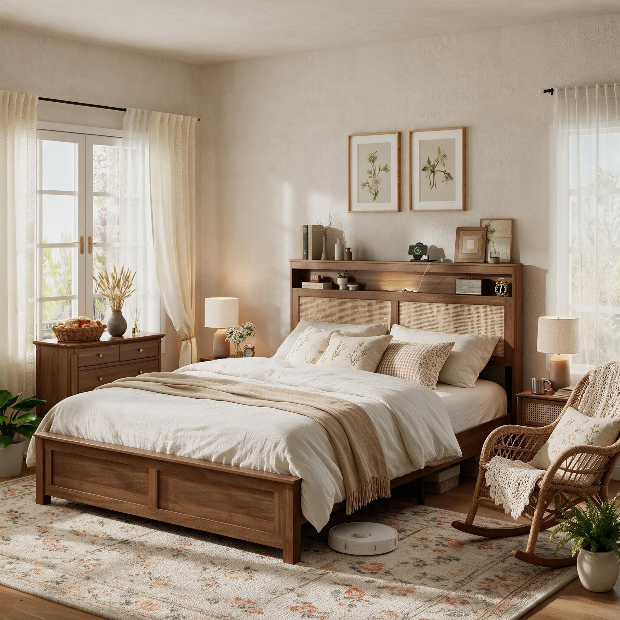 Queen Bed Frame 86.02 Inch, Rattan Headboard with Built In LED Reading Light and Storage Shelf, Modern Farmhouse Platform Bed, No Box Spring Needed, Brown