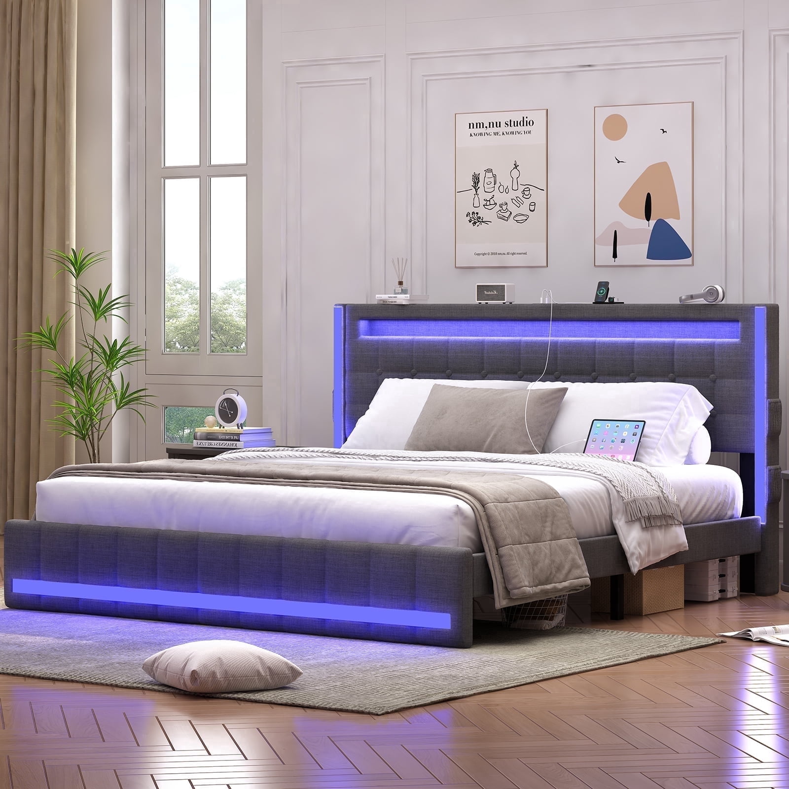 Queen Bed Frame with Adjustable Headboard & LED Lights, Upholstered Platform Bed Frame Queen Size with Type-C & USB Charging Station, Heavy Duty Metal Bed Frame, No Box Spring Needed, Dark Grey