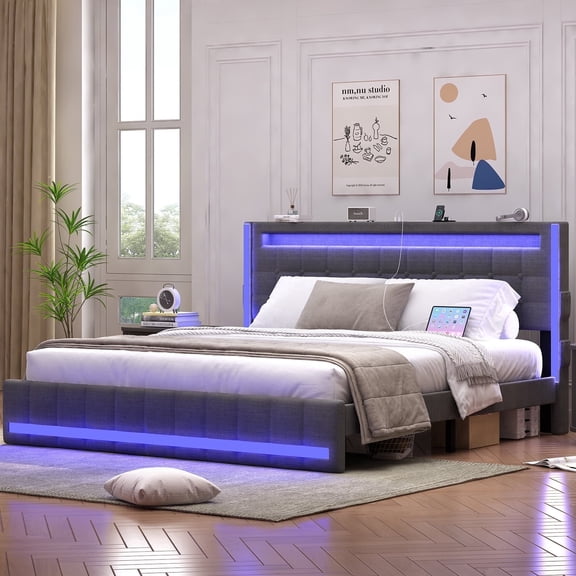 Queen Bed Frame with Adjustable Headboard & LED Lights, Upholstered Platform Bed Frame Queen Size with Type-C & USB Charging Station, Heavy Duty Metal Bed Frame, No Box Spring Needed, Dark Grey