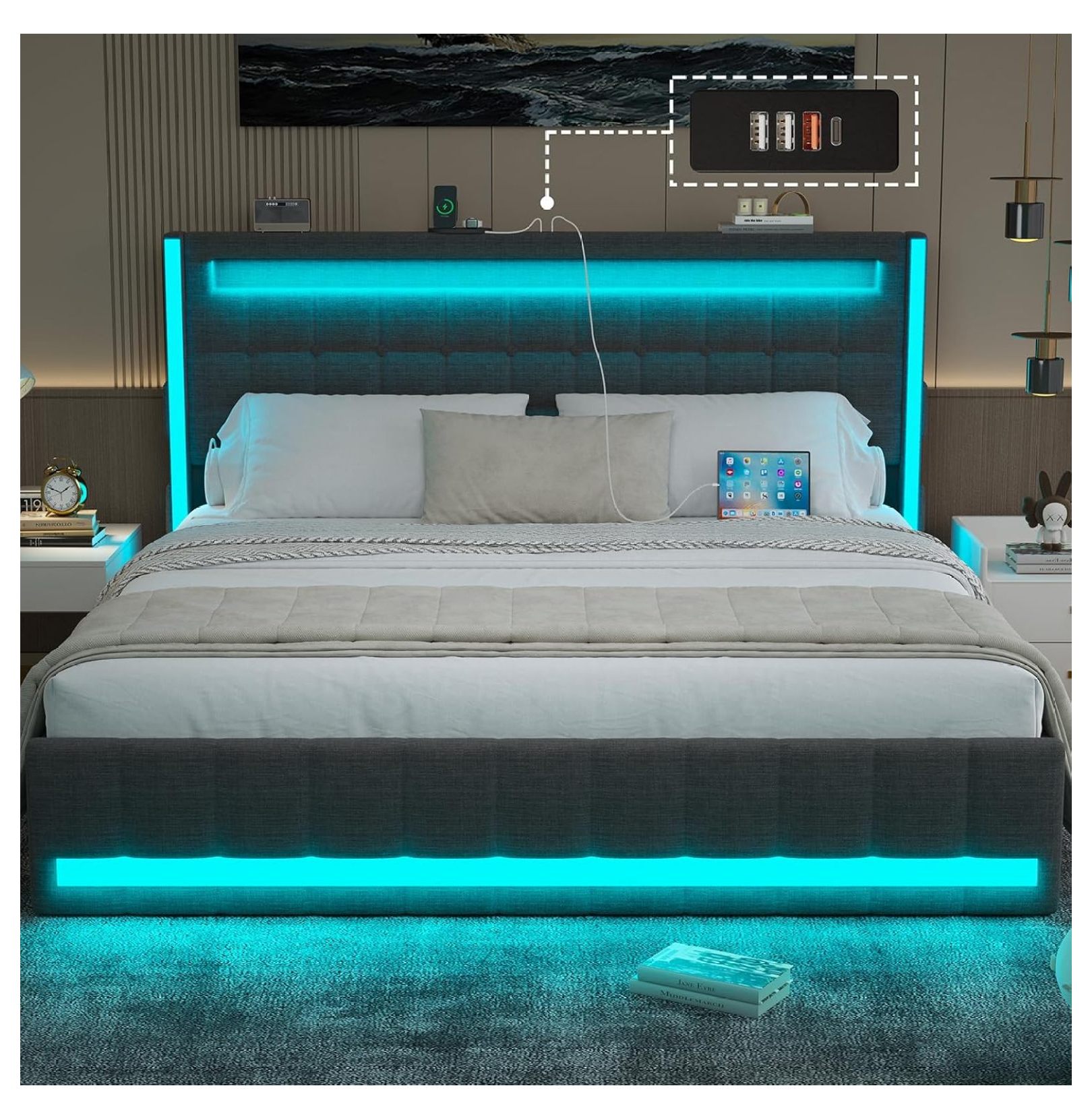 Queen Bed Frame with Adjustable Headboard & LED Lights, Upholstered