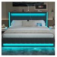 Queen Bed Frame with Adjustable Headboard & LED Lights, Upholstered