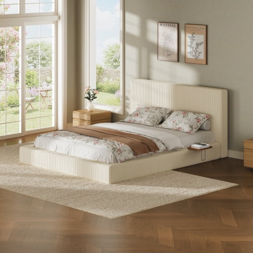 Queen Size Cloud Bed Frame with Adjustable Sliding Side Table, Corduroy Upholstered Cushion with Soft Headboard Shelves for Bedroom, Sturdy Steel Support, No Box Spring Needed, Creamy White