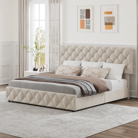 Queen Bed Frame with Adjustable Upholstered Headboard and 4 Storage Drawers, Faux Leather Upholstered Platform Beds, Diamond Stitched Button Tufted, White