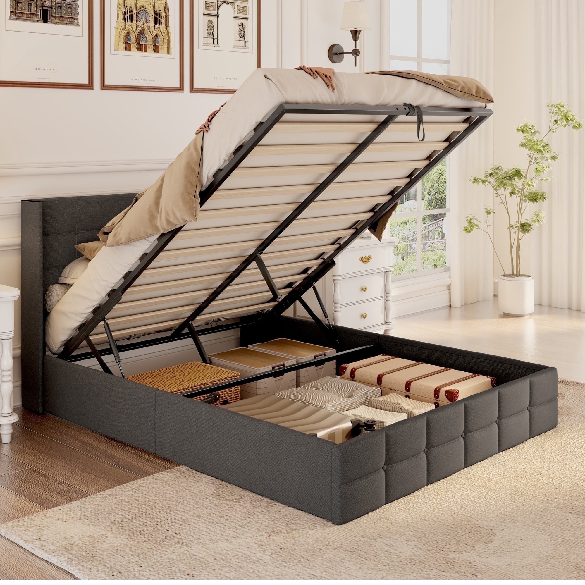Asofer Queen Bed Frame, Lift-Up Storage w/Modern Wingback Headboard, No Box Spring, Gray