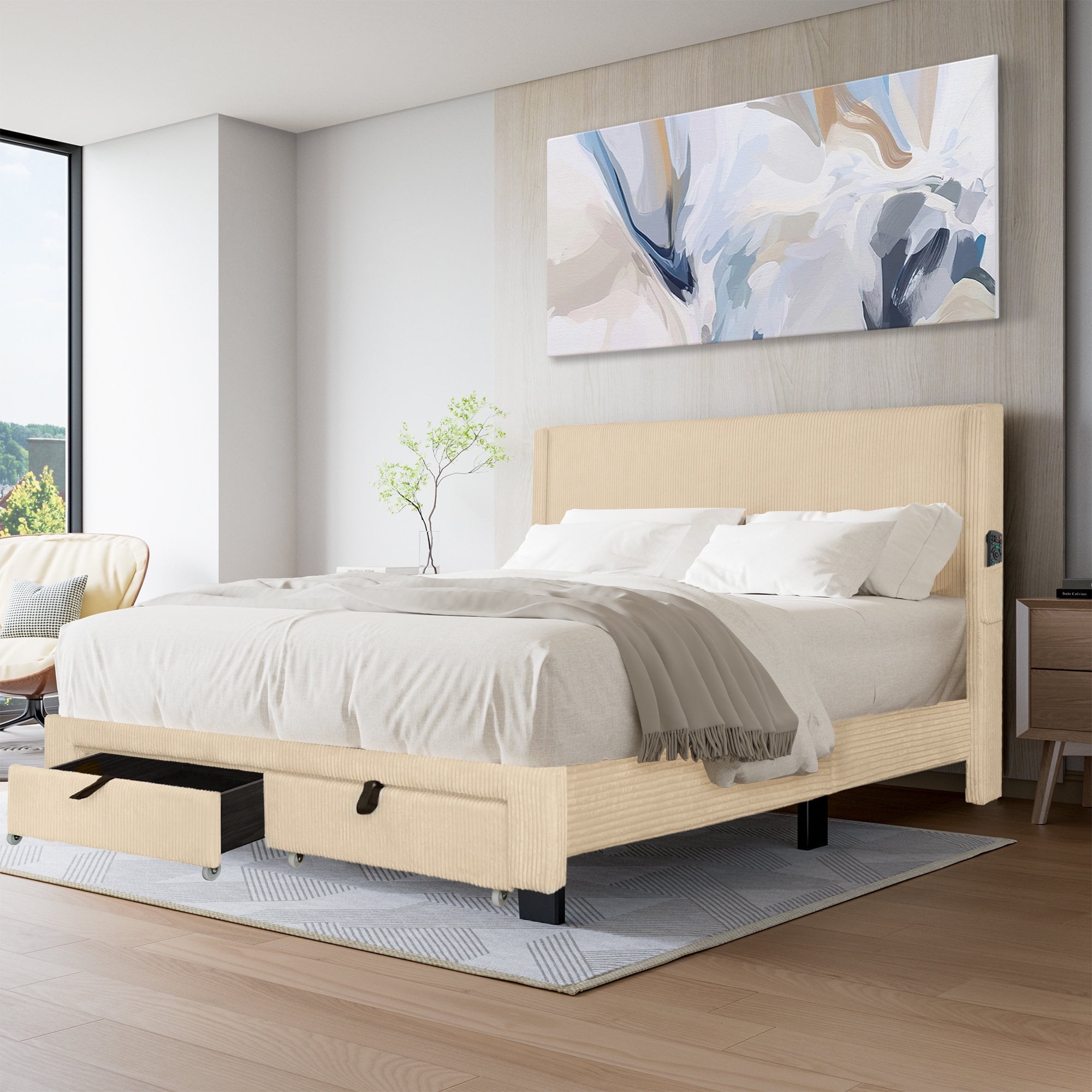 Queen Bed Frame - CASEMIOL Beige Queen Size Bed with Wingback Design ...