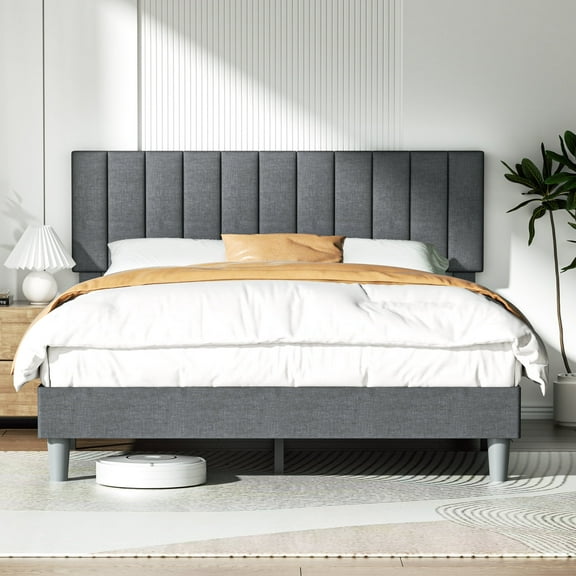 Babyqueen Upholstered Queen Bed Frame with Headboard, Gray Fabric Platform Bed with Wood Slat Support, Mattress Foundation, No Box Spring Needed