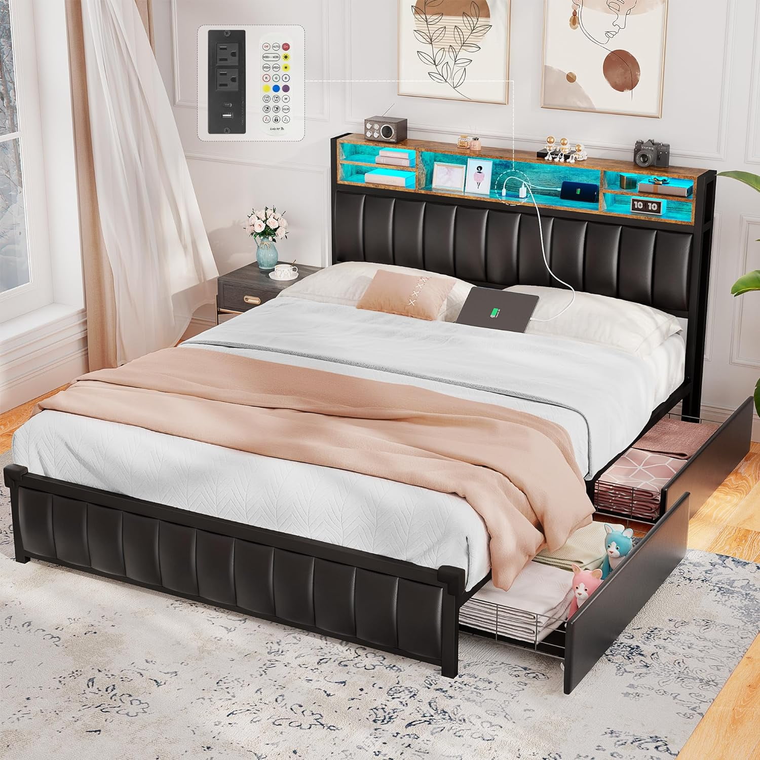 Black Queen Upholstered Platform Bed with Bookcase Headboard, Storage Drawers, and LED Lights