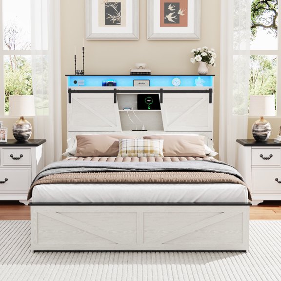 Queen Bed Frame with Bookcase Headborad, Holaki Farmhouse Queen Bed Frame with Charging Station & LED Lights, 2 Storage Drawers, No Box Spring Needed, Noise Free, All-Metal Support, White