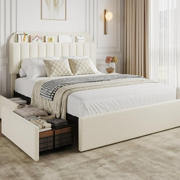 Queen Bed Frame, Boucle Upholstered Platform Bed Frame with Storage Headboard & 2 Flexible Drawers, Easy Assembly, No Box Spring Needed for Teens, Adults