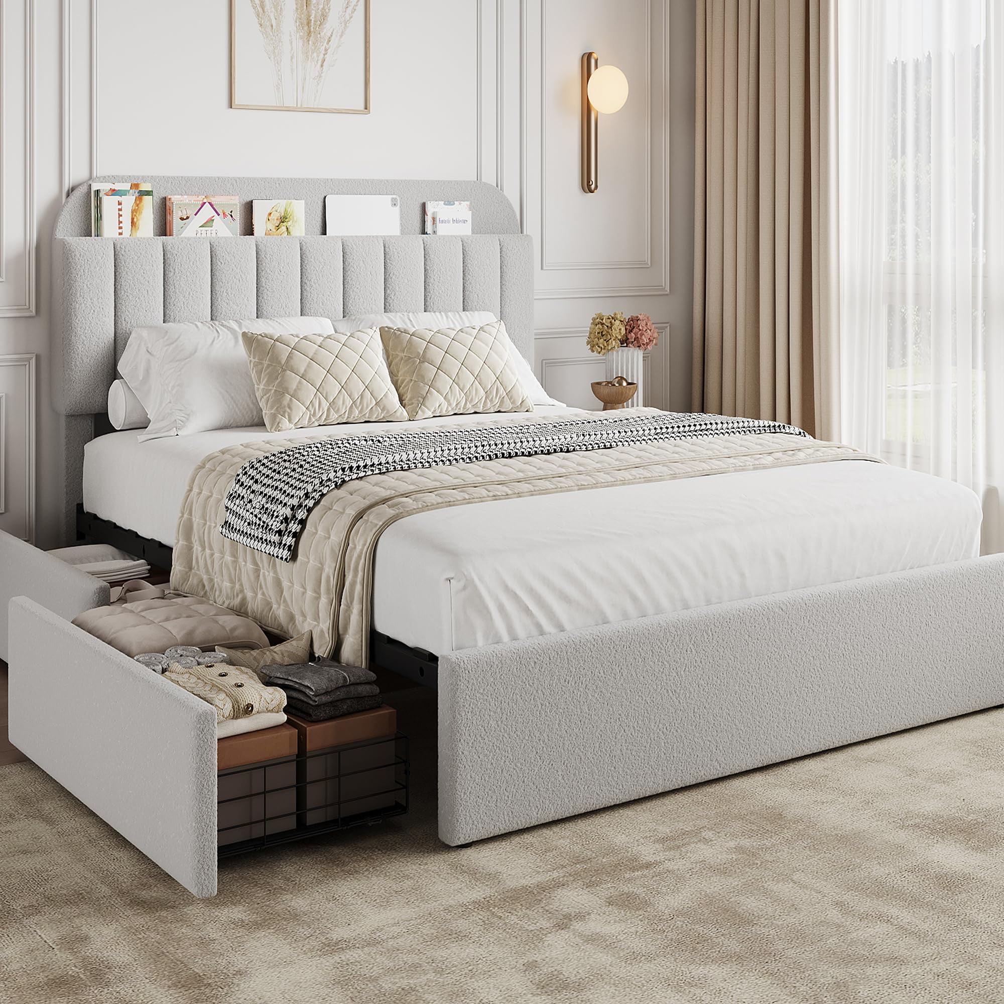 Queen Bed Frame, Boucle Upholstered Platform Bed Frame with Storage Headboard & 2 Flexible Drawers, Easy Assembly, No Box Spring Needed for Teens, Adults