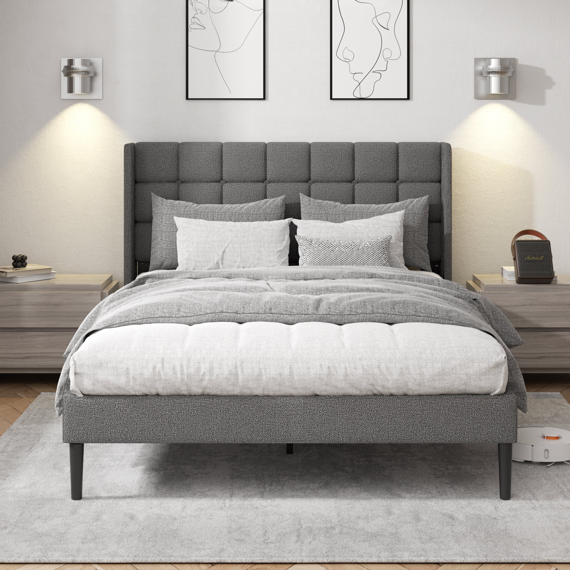 VIPLOV Queen Bed Frame , Modern Platform Bed Frame with Headboard and Upholstered Wingback, Easy Assembly,Dark Gray