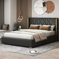 thumbnail image 1 of Queen Bed Frame with Button Tufted Headboard, PU Upholstered Platform Bed with Metal Strips and Wooden Slat Support, Noise Free, No Box Spring Needed, Easy Assembly, Black, 1 of 7