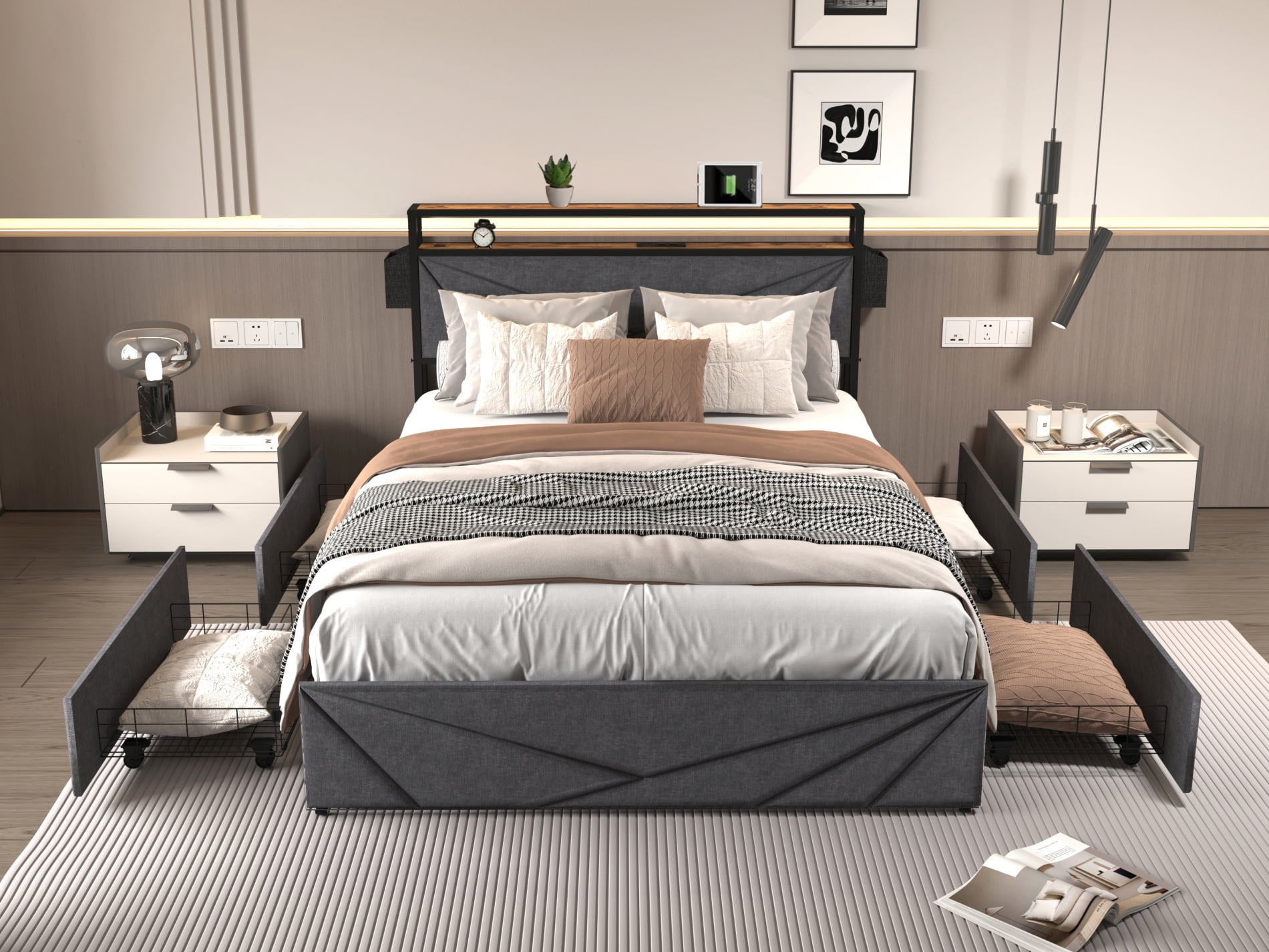 Queen Bed Frame with Charging Station and LED Light, Upholstered Queen Bed Frame with Storage ...