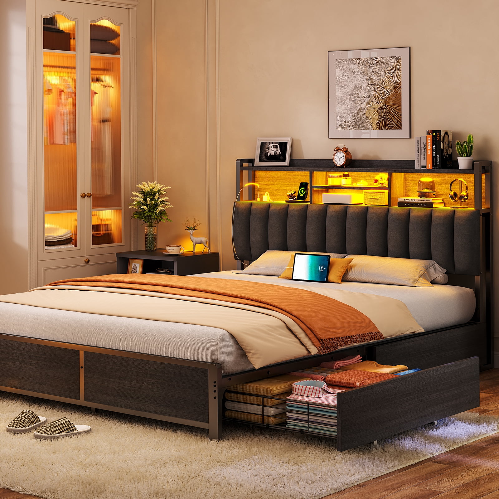 Queen Bed Frame with Charging Station & LED Lights, Bed Frame Queen Size with 4 Storage Drawers, Upholstered Headboard with Shelves, Black, Noise Free