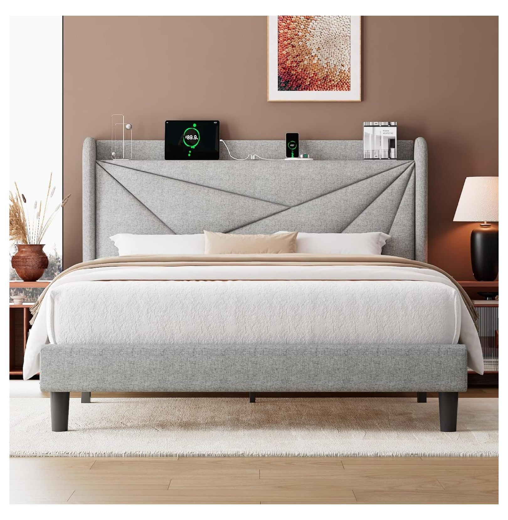 Queen Bed Frame with Charging Station, Platform Upholstered Bed, Linen ...