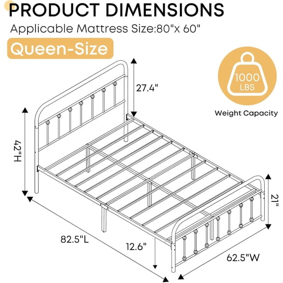 Queen Bed Frame-Classic Metal Platform Bed Frame Mattress Foundation with Victorian Style Iron-Art Headboard/Footboard/Storage Space/No Box Spring Needed/Black